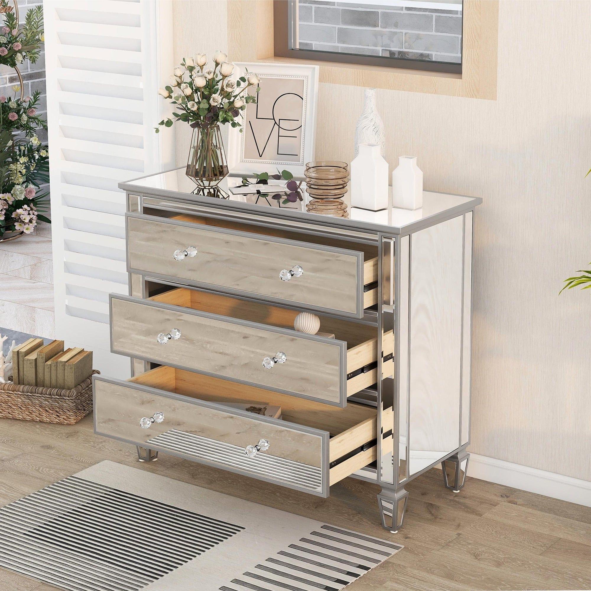 Shop Elegant Mirrored Chest with 3 Drawers, Modern Silver Finished Chest for Living Room Bedroom Mademoiselle Home Decor
