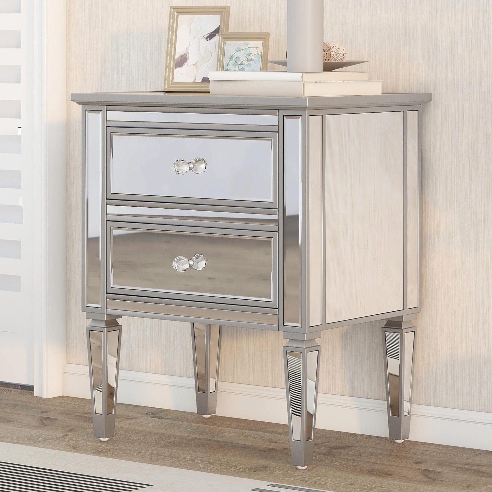 Shop Elegant Mirrored Nightstand with 2 Drawers, Modern Silver Finished End Table Side Table for Living Room Bedroom Mademoiselle Home Decor