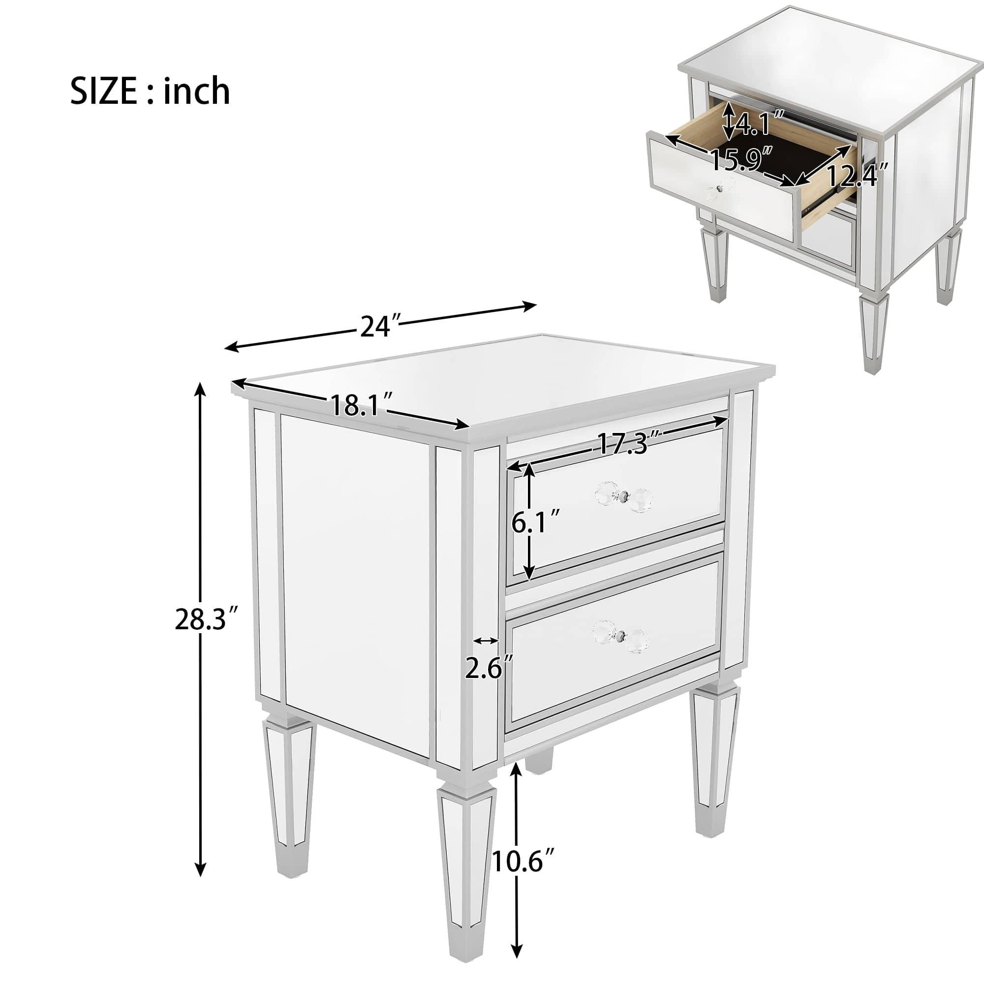 Shop Elegant Mirrored Nightstand with 2 Drawers, Modern Silver Finished End Table Side Table for Living Room Bedroom Mademoiselle Home Decor